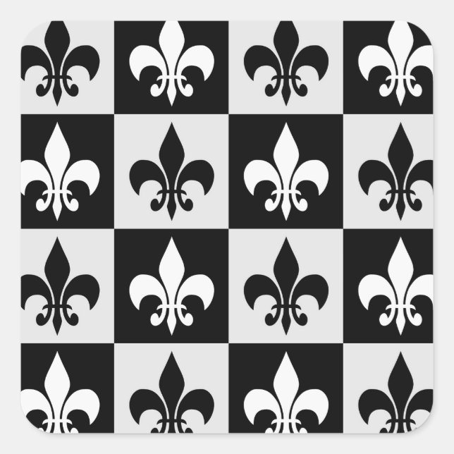 Checkered Black White Fleur-De-Lis Pattern  Square Sticker (Front)