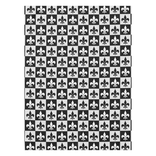 Checkered Black White Fleur-De-Lis Pattern  Tablecloth (Front)