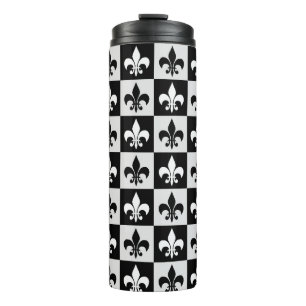 Checkered Black White Fleur-De-Lis Pattern Thermal Tumbler