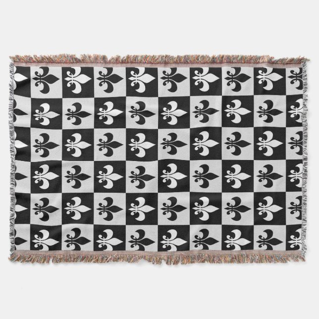 Checkered Black White Fleur-De-Lis Pattern  Throw Blanket (Front)