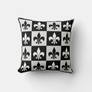 Checkered Black White Fleur-De-Lis Pattern  Throw Pillow