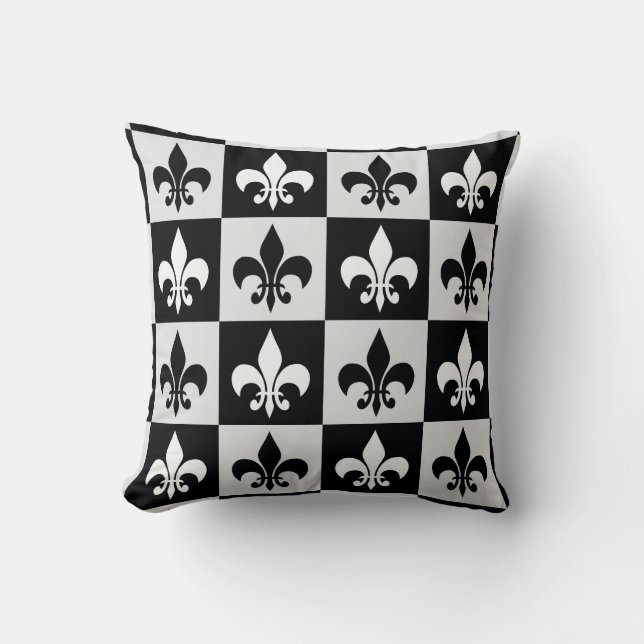Checkered Black White Fleur-De-Lis Pattern  Throw Pillow (Front)