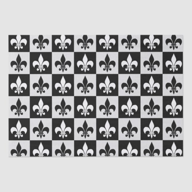 Checkered Black White Fleur-De-Lis Pattern  Tissue Paper (Front)