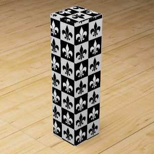 Checkered Black White Fleur-De-Lis Pattern Wine Box