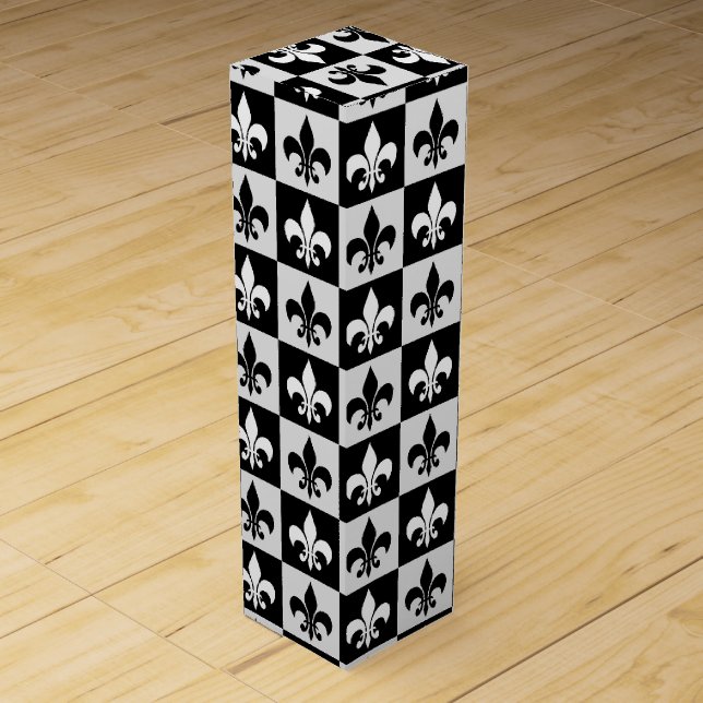 Checkered Black White Fleur-De-Lis Pattern  Wine Box (Front)