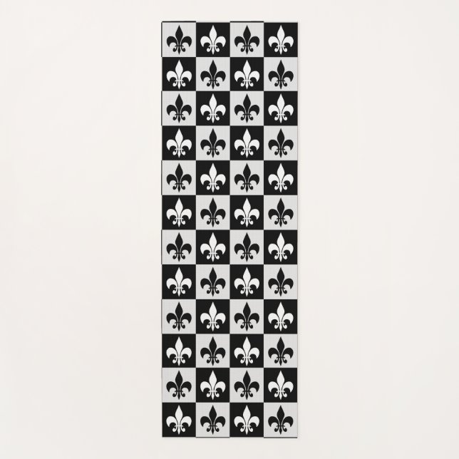 Checkered Black White Fleur-De-Lis Pattern  Yoga Mat (Front)