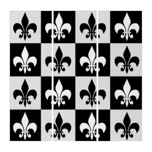Checkered Black White Fleur-De-Lis Set Canvas Triptych
