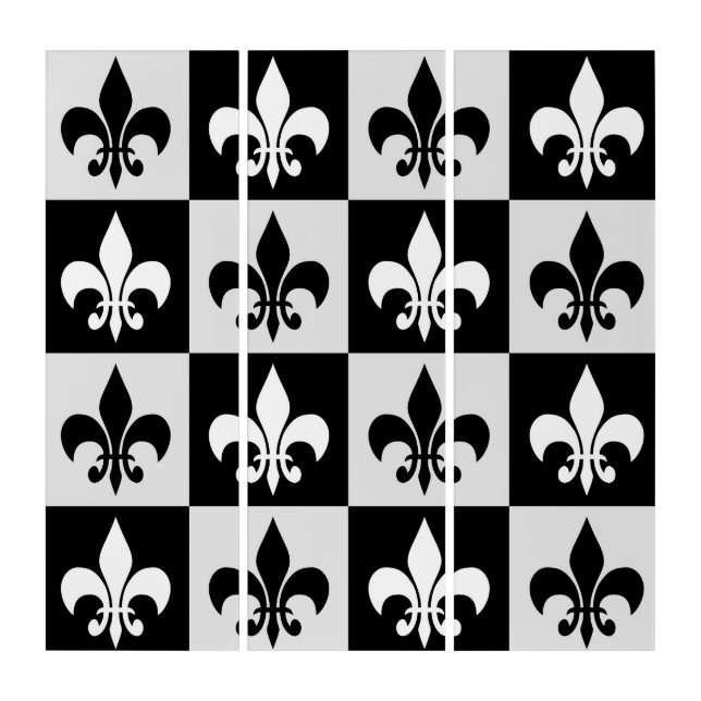 Checkered Black White Fleur-De-Lis Set Canvas Triptych (Front)