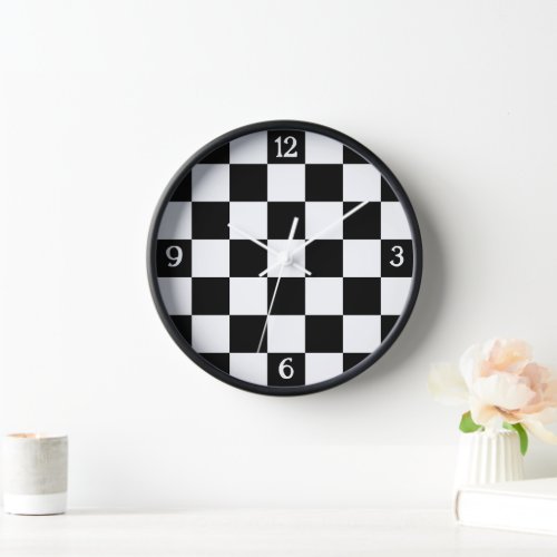 Checkered black white geometric retro w numbers clock