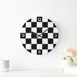 Checkered black white geometric retro w numbers large clock