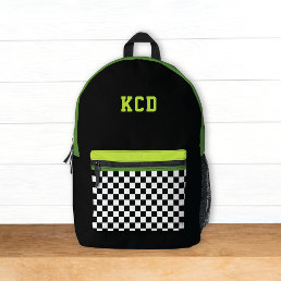 Checkered Black White Green Monogram Initials Kids Printed Backpack