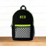 Checkered Black White Green Monogram Initials Kids Printed Backpack<br><div class="desc">This fun kids backpack design features a black,  white,  acid green,  and olive green color palette with checkered pocket and initials. It's a fun modern design for all ages!</div>
