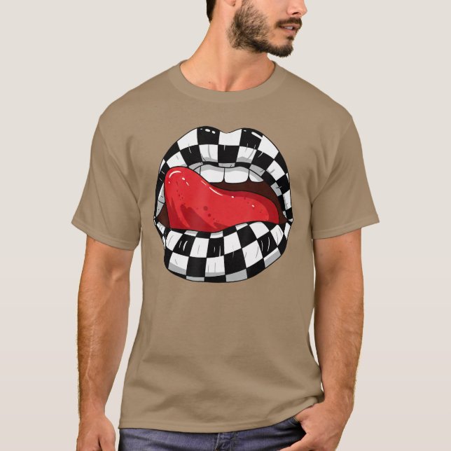 Checkered Black White Lip Racer Race Racing Men Wo T-Shirt (Front)