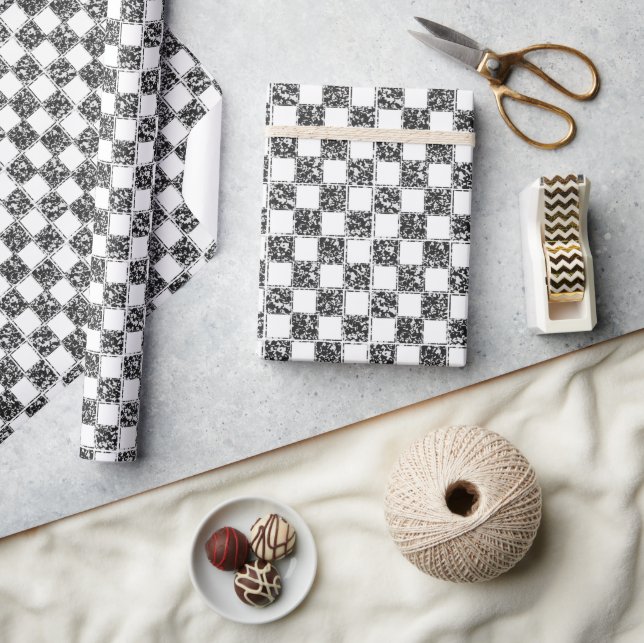 Checkered Black White Marble Pattern Wrapping Paper (Crafts)