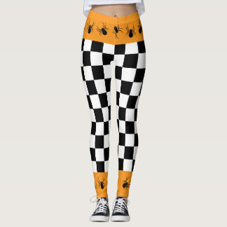 Checkered black white orange Halloween spiders Leggings