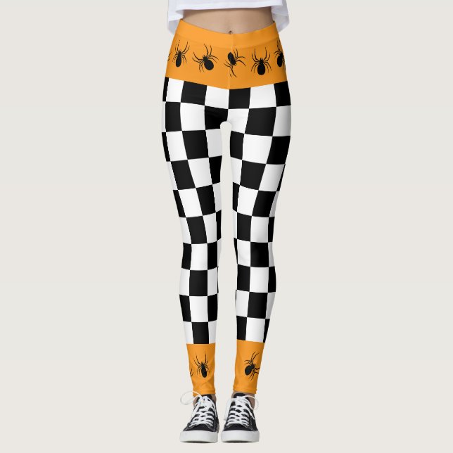 Checkered black white orange Halloween spiders Leggings (Front)