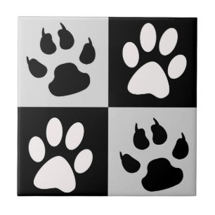 Checkered Black White Paws and Claws Ceramic Tile