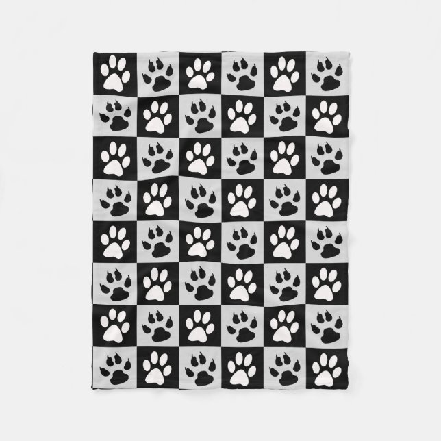 Checkered Black White Paws and Claws Fleece Blanket (Front)