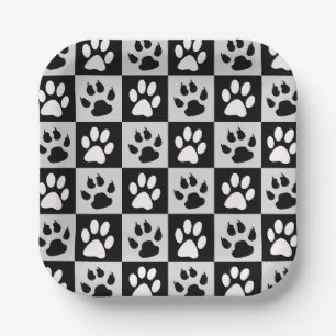 Checkered Black White Paws and Claws Paper Plates