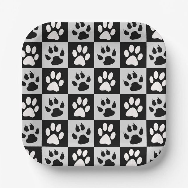 Checkered Black White Paws and Claws Paper Plates (Front)