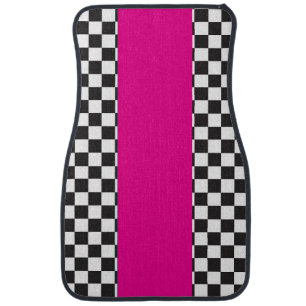 Checkered black white pink car floor mat