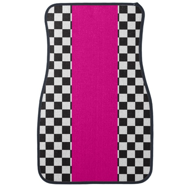 Checkered black white pink car floor mat (Front)