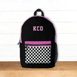 Checkered Black White Pink Monogram Initials Kids Printed Backpack