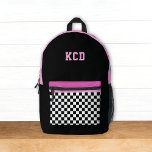 Checkered Black White Pink Monogram Initials Kids Printed Backpack<br><div class="desc">This fun kids backpack design features a black,  white,  pink,  and magenta color palette with checkered pocket and initials. It's a fun modern design for all ages!</div>