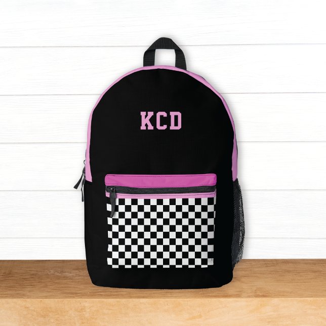 Checkered Black White Pink Monogram Initials Kids Printed Backpack (Creator Uploaded)