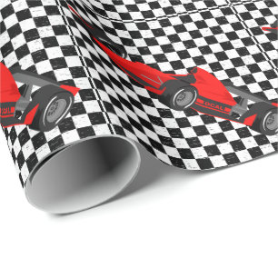 Checkered Black-white Race Car Wrapping Paper