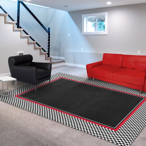Checkered Black White Red Large Area Rug