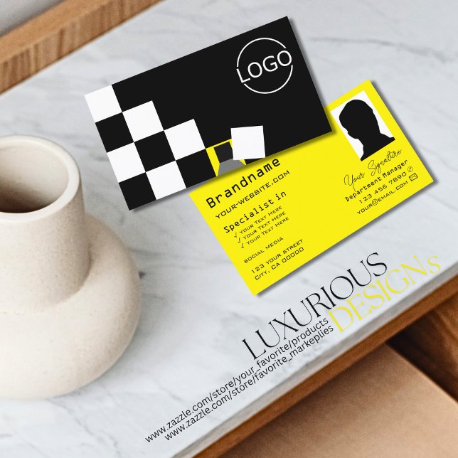 Checkered Black White Yellow with Logo and Photo Business Card (Creator Uploaded)