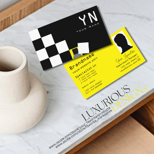 Checkered Black White Yellow with Monogram & Photo Business Card