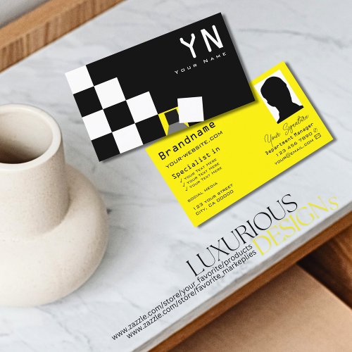 Checkered Black White Yellow with Monogram  Photo Business Card