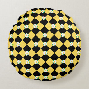 Checkered black yellow white flowers round pillow