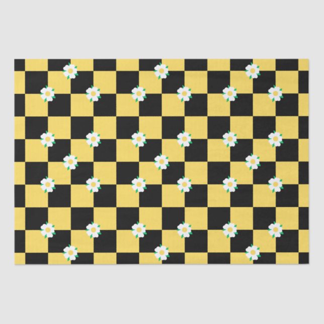Checkered black yellow white flowers tissue paper (Front)