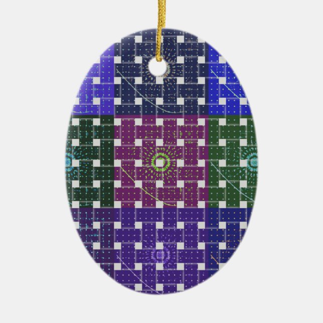 Checkered Blue and Purple Art Print Ceramic Ornament (Front)