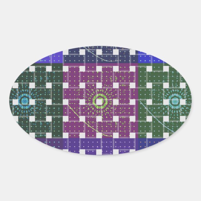 Checkered Blue and Purple Art Print Oval Sticker (Front)