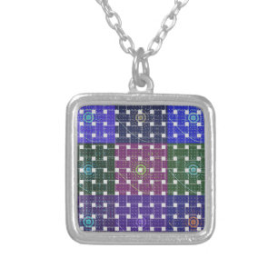 Checkered Blue and Purple Art Print Silver Plated Necklace