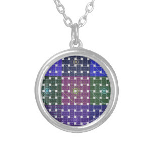 Checkered Blue and Purple Art Print Silver Plated Necklace