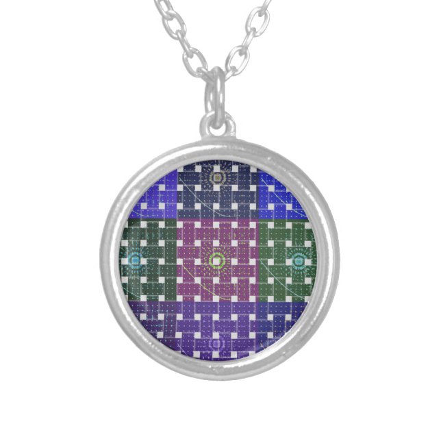 Checkered Blue and Purple Art Print Silver Plated Necklace (Front)