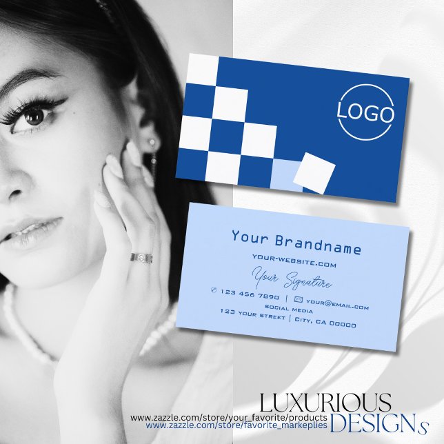 Checkered Blue and White Modern with Logo Stylish Business Card (Creator Uploaded)
