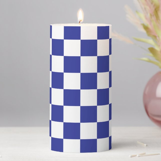 Checkered Blue and White  Pillar Candle (In Situ)