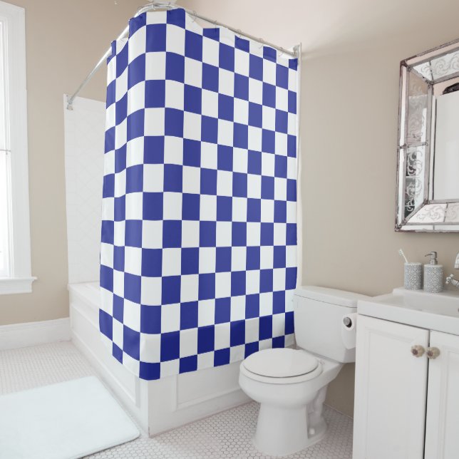 Checkered Blue and White  Shower Curtain (In Situ)