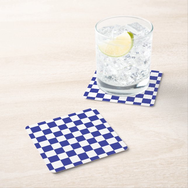 Checkered Blue and White  Square Paper Coaster (Insitu)