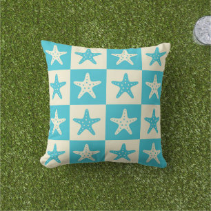 Checkered Blue and White Starfish Pattern Outdoor Pillow