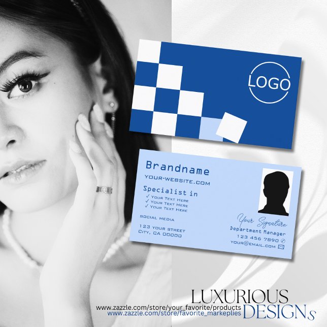 Checkered Blue and White with Logo & Photo Stylish Business Card (Creator Uploaded)