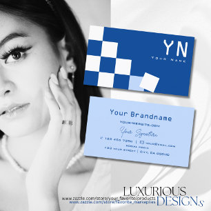 Checkered Blue and White with Monogram Modern Business Card