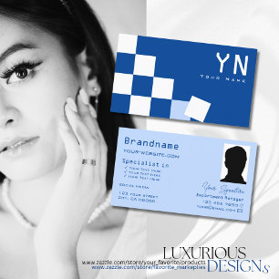 Checkered Blue and White with Monogram & Photo Business Card
