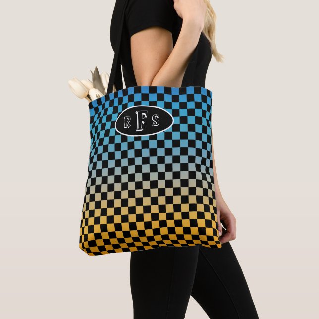 Checkered Blue and Yellow Sunset Monogram Tote Bag (Close Up)